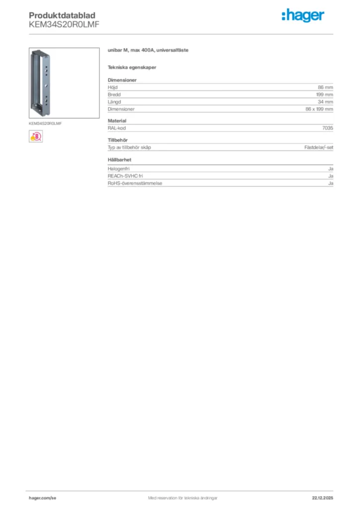 Bild Hager Produktdatablad KEM34S20R0LMF | Hager Sverige