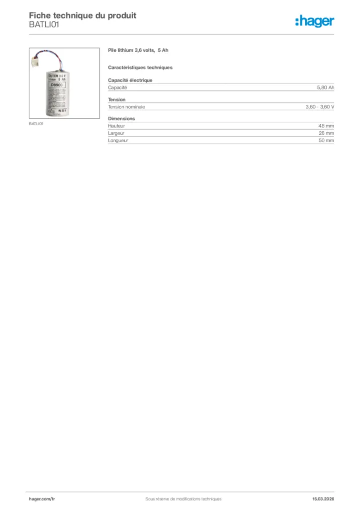 Image Hager Fiche technique du produit BATLI01 | Hager France