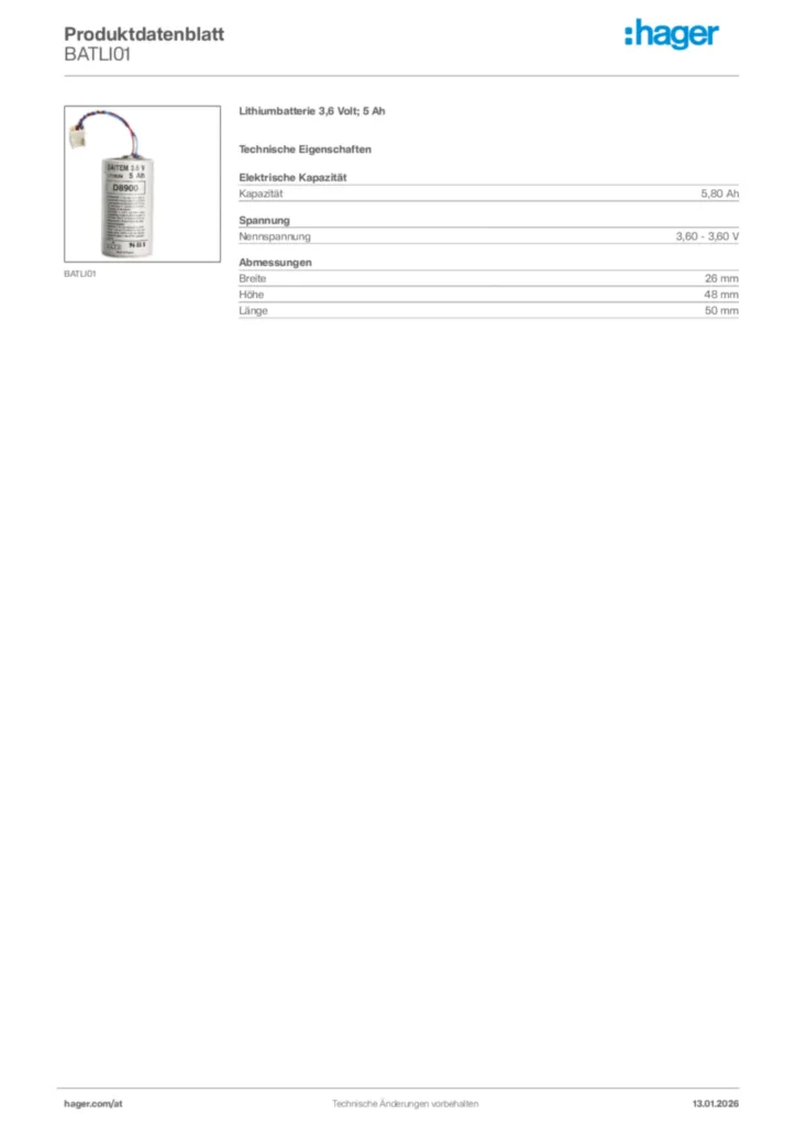 Bild Hager Produktdatenblatt BATLI01 | Hager Deutschland