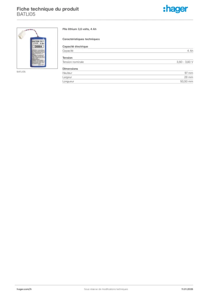 Image Hager Fiche technique du produit BATLI05 | Hager France