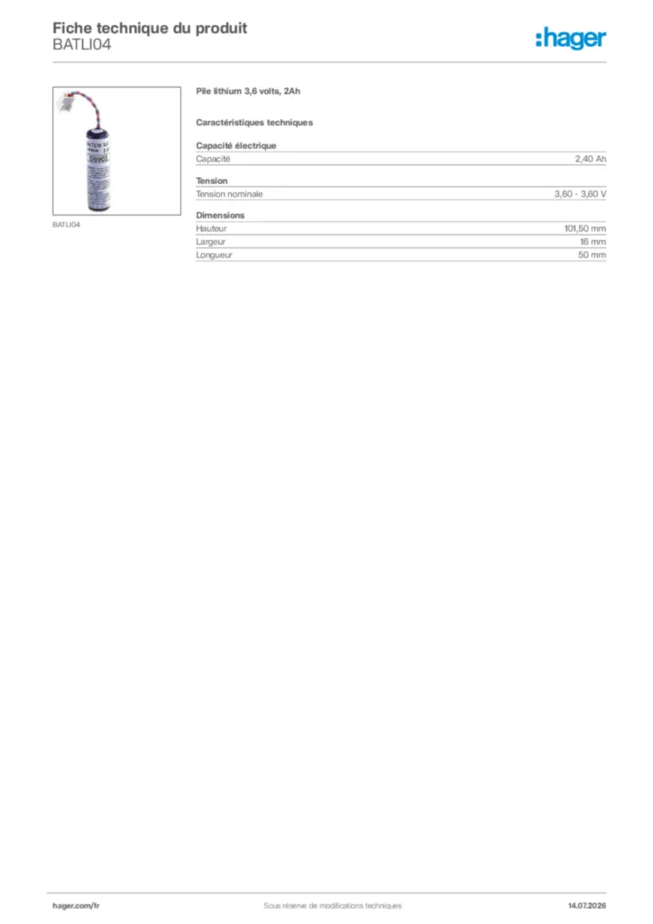 Image Hager Fiche technique du produit BATLI04 | Hager France