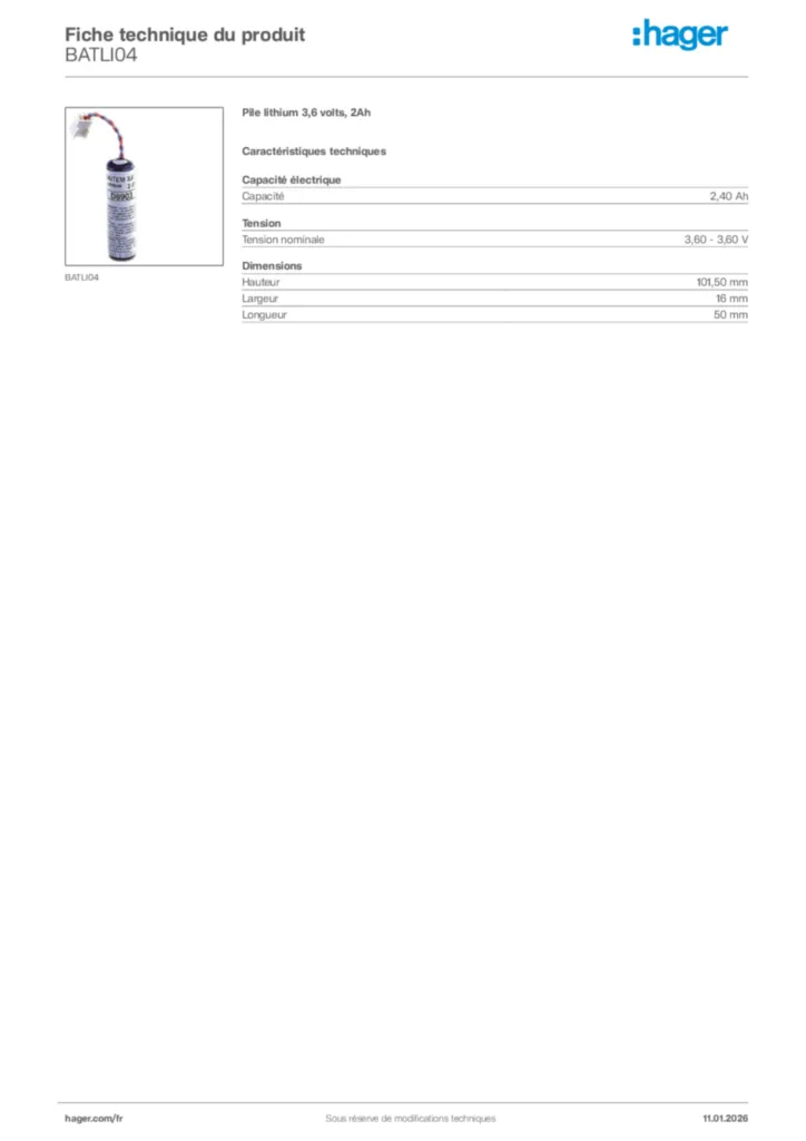 Image Hager Fiche technique du produit BATLI04 | Hager France