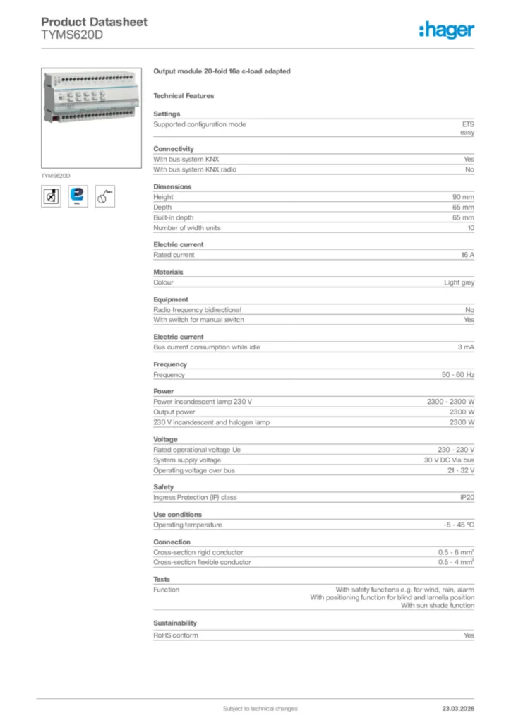 Image Hager Product data sheet TYMS620D  | Hager Africa