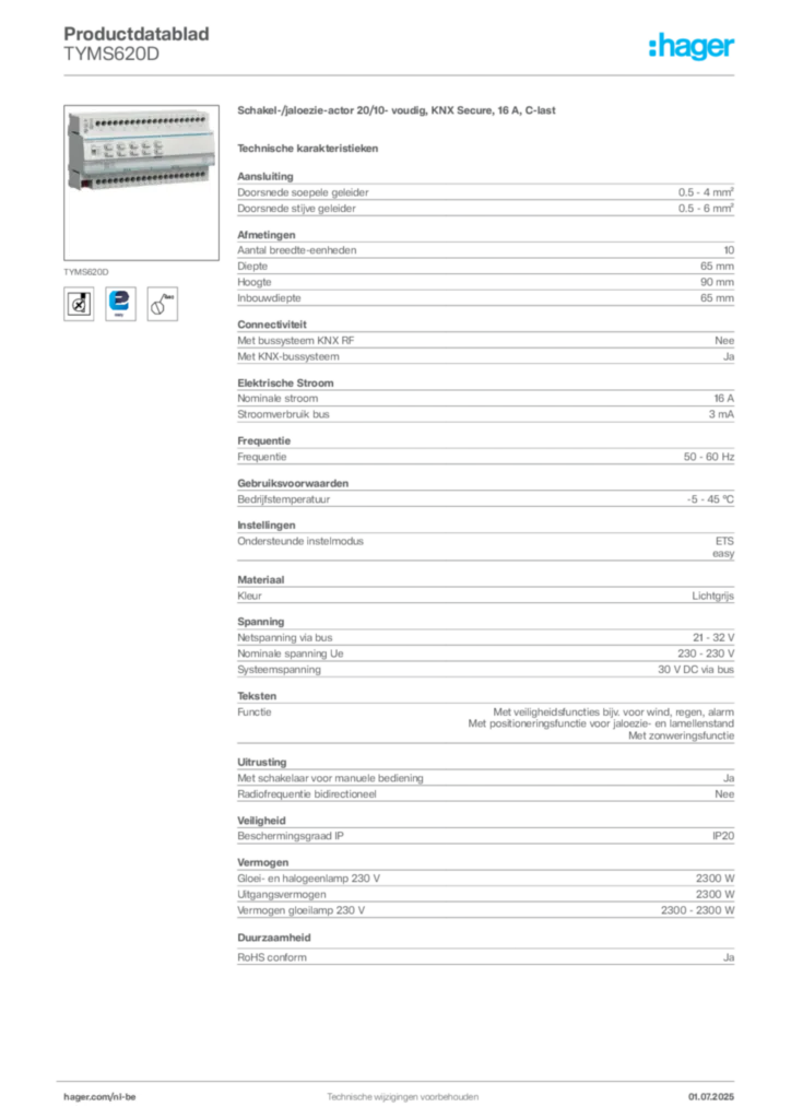 Afbeelding Hager Productdatablad TYMS620D | Hager Belgium