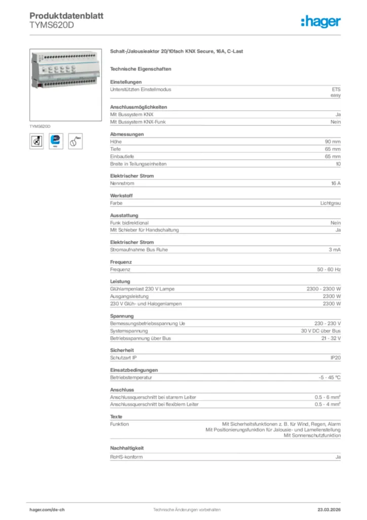 Bild Hager Produktdatenblatt TYMS620D | Hager Schweiz