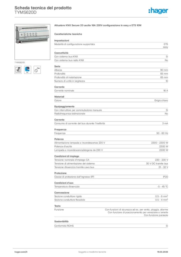 Immagine Hager Scheda tecnica del prodotto TYMS620D | Hager Italia