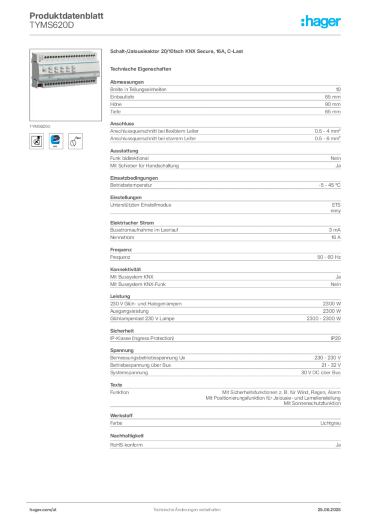 Bild Hager Produktdatenblatt TYMS620D | Hager Deutschland
