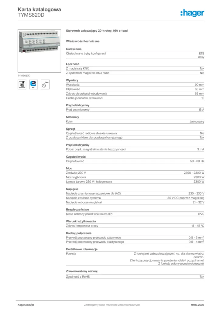 Zdjęcie Hager Karta katalogowa TYMS620D | Hager Polska