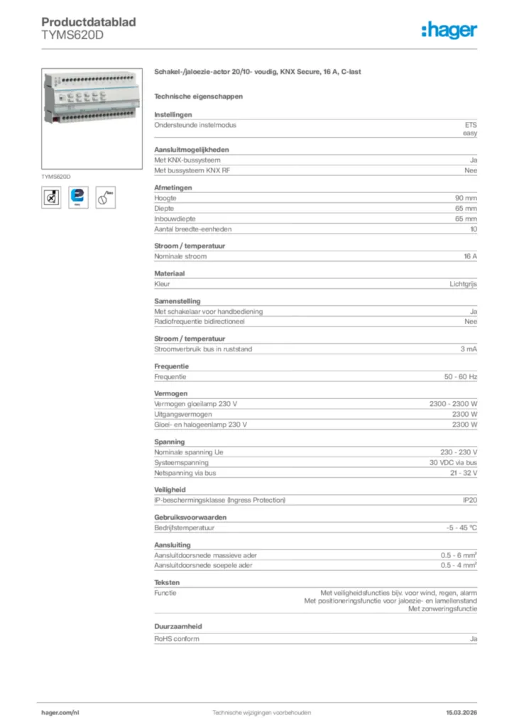 Afbeelding Hager Productdatablad TYMS620D | Hager Nederland