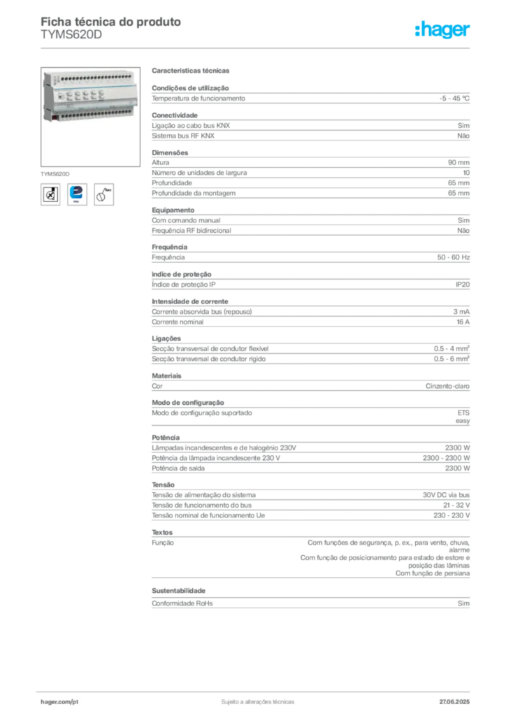 Imagem Hager Ficha técnica do produto TYMS620D | Hager Portugal