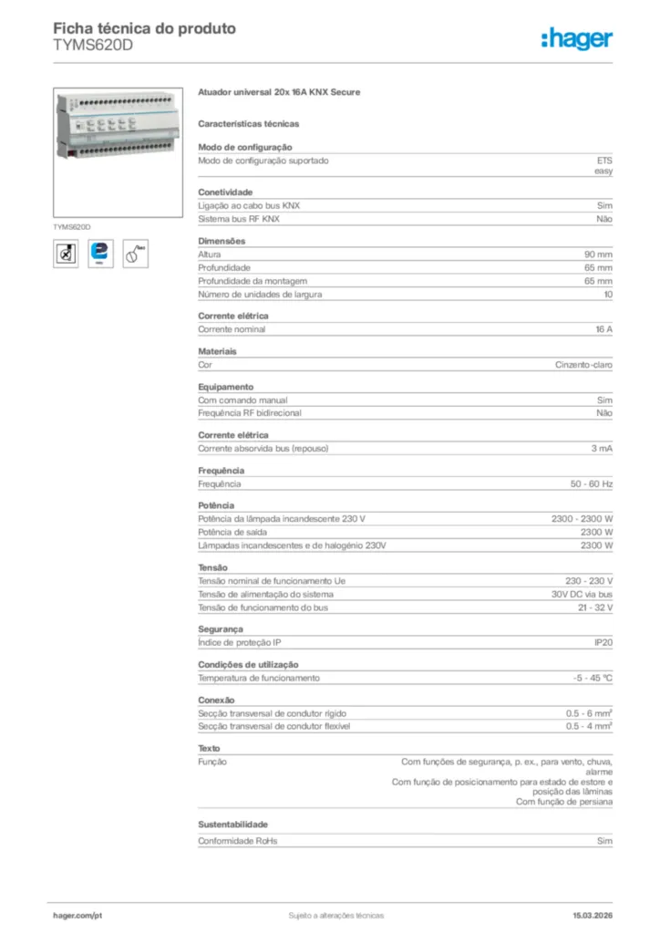 Imagem Hager Ficha técnica do produto TYMS620D | Hager Portugal