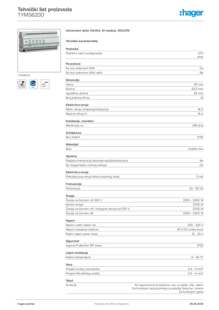 Slika Hager Tehnički list proizvoda TYMS620D  | Hager