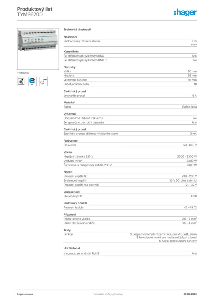 Obrázek Hager Product data sheet TYMS620D | Hager