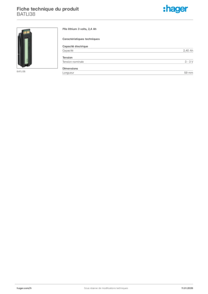 Image Hager Fiche technique du produit BATLI38 | Hager France