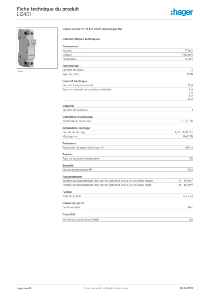 Image Hager Fiche technique du produit L12401 | Hager France