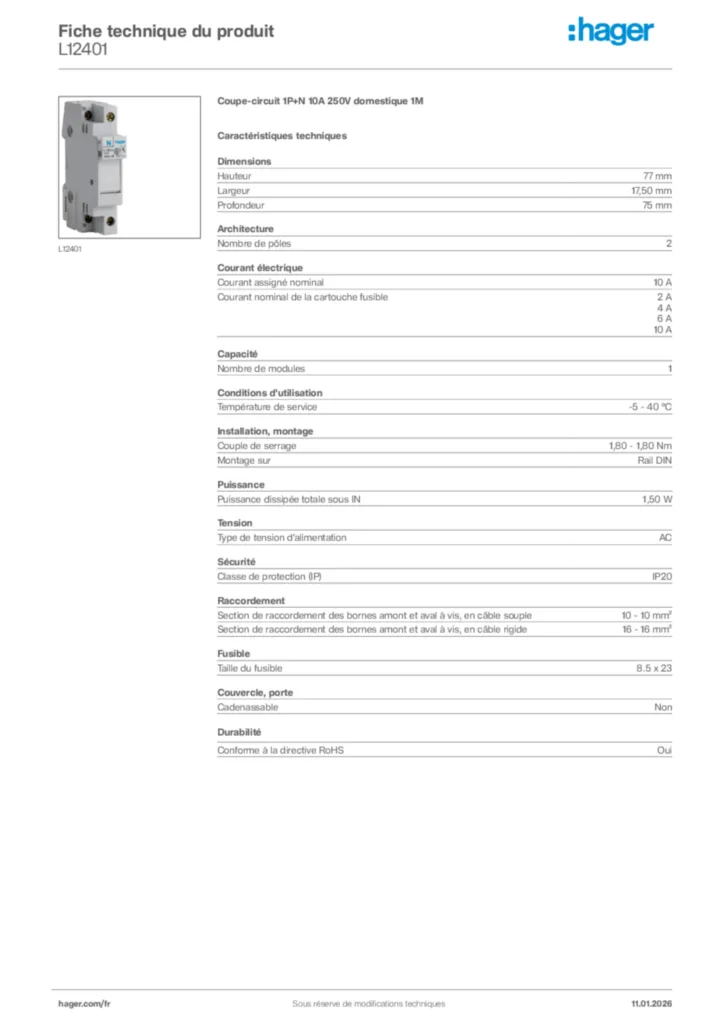 Image Hager Fiche technique du produit L12401 | Hager France