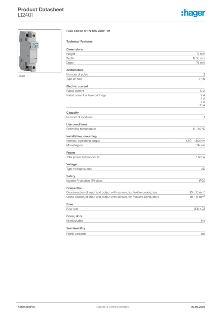 Image Hager Product data sheet L12401  | Hager