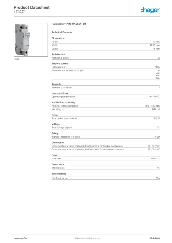 Image Hager Product data sheet L12401  | Hager