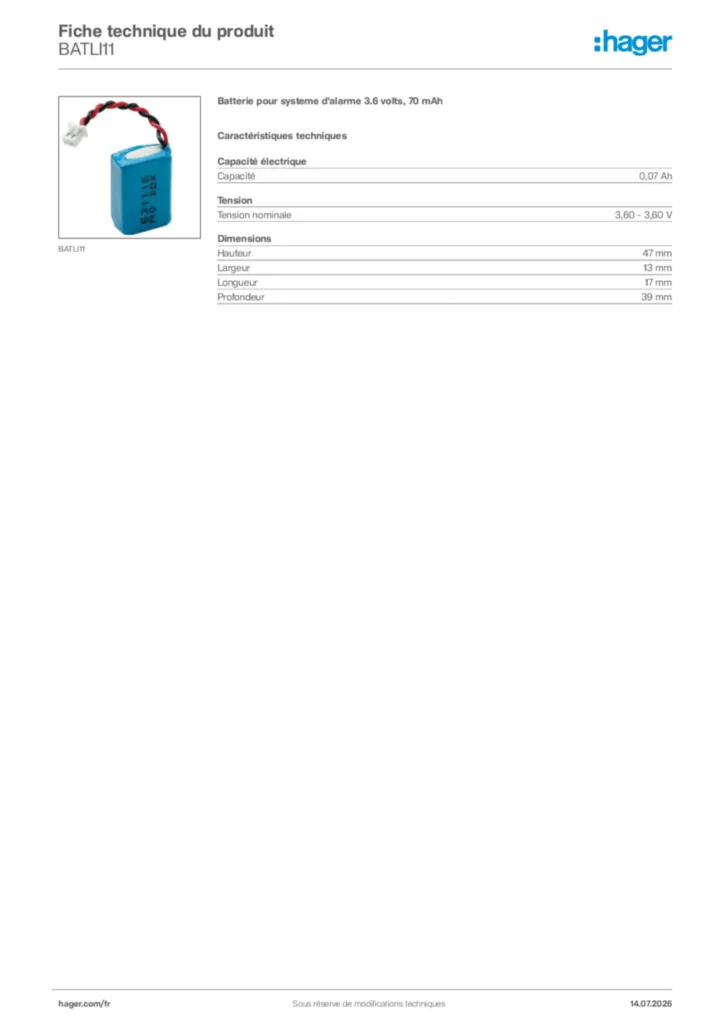 Image Hager Fiche technique du produit BATLI11 | Hager France