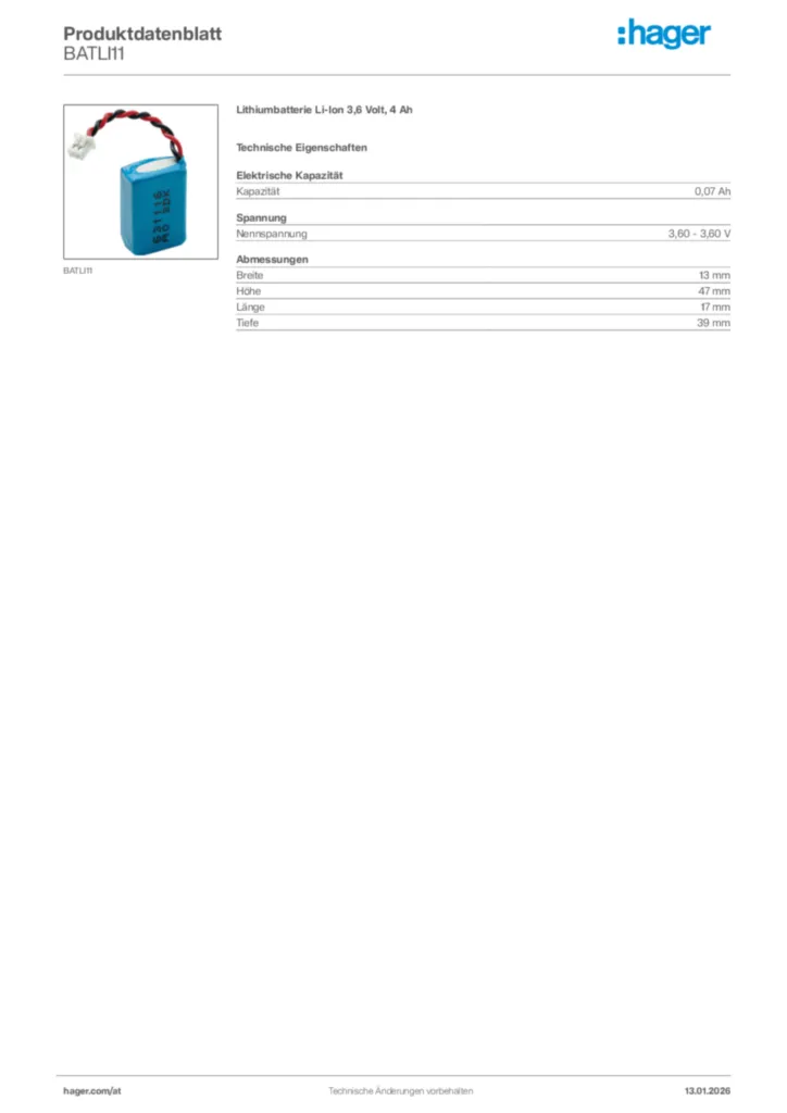 Bild Hager Produktdatenblatt BATLI11 | Hager Deutschland