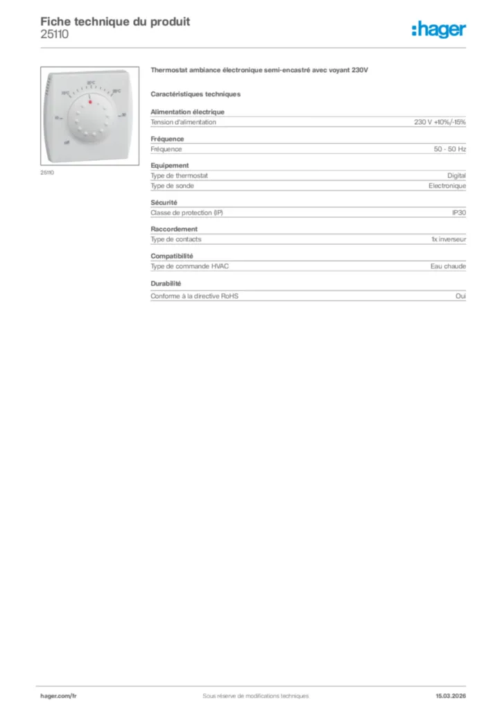 Image Hager Fiche technique du produit 25110 | Hager France