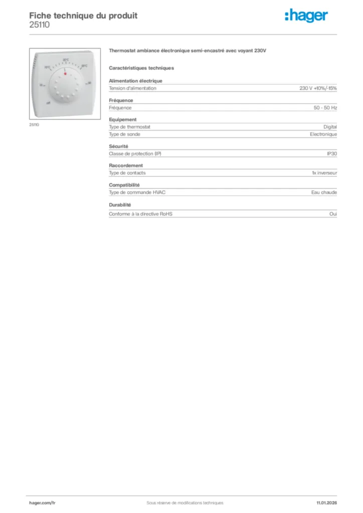 Image Hager Fiche technique du produit 25110 | Hager France