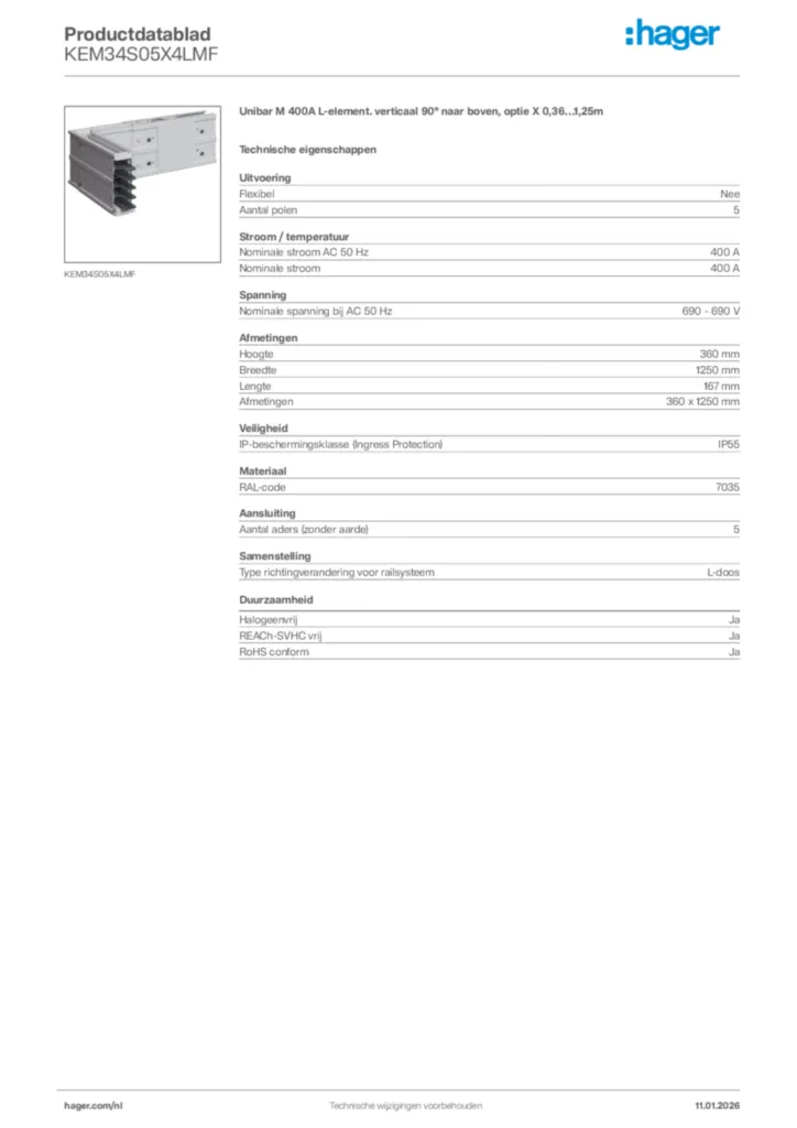 Afbeelding Hager Productdatablad KEM34S05X4LMF | Hager Nederland