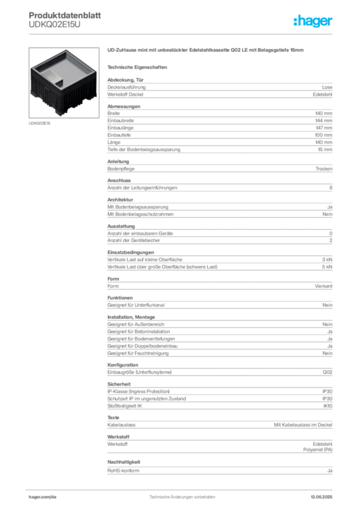 Bild Hager Produktdatenblatt UDKQ02E15U | Hager Deutschland