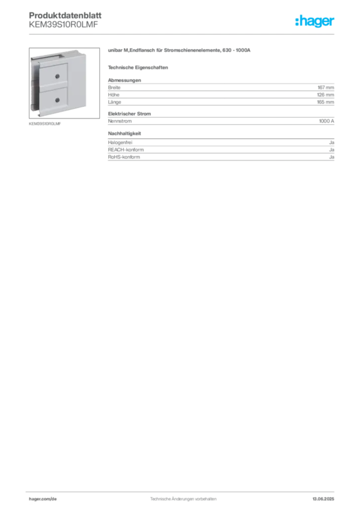 Bild Hager Produktdatenblatt KEM39S10R0LMF | Hager Deutschland