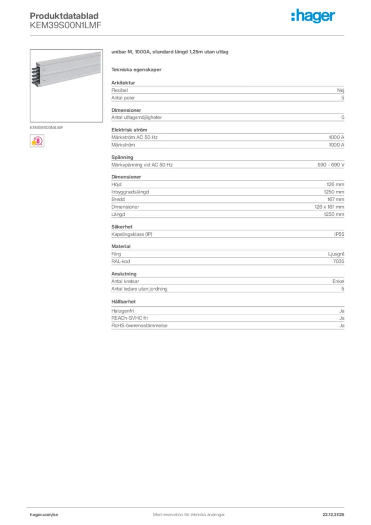 Bild Hager Produktdatablad KEM39S00N1LMF | Hager Sverige
