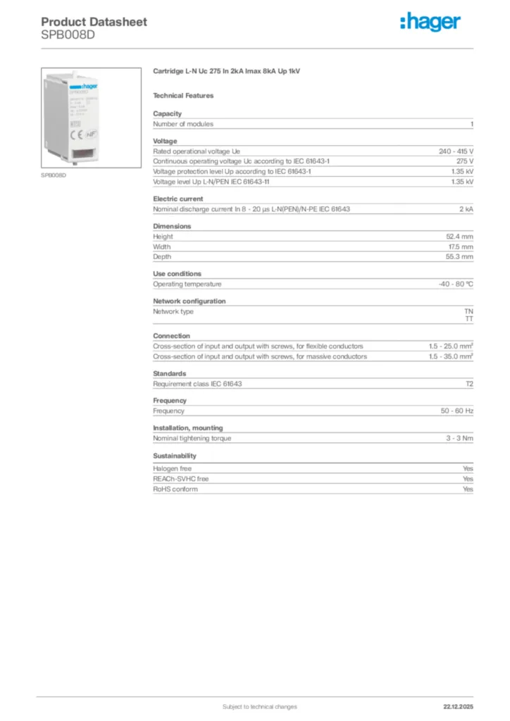 Image Hager Product data sheet SPB008D  | Hager Africa