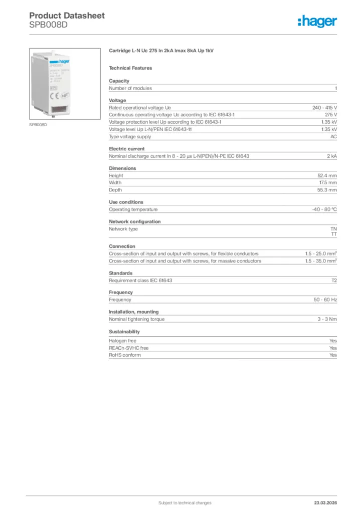 Image Hager Product data sheet SPB008D  | Hager Africa