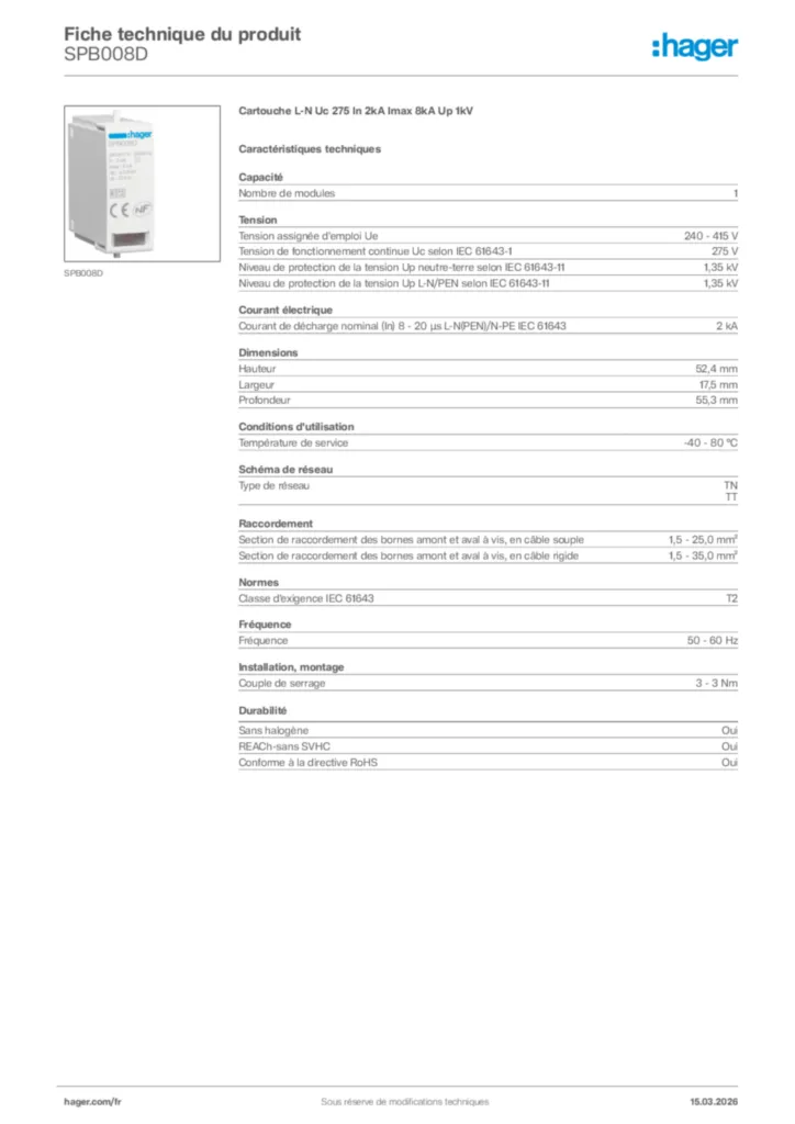 Image Hager Fiche technique du produit SPB008D | Hager France