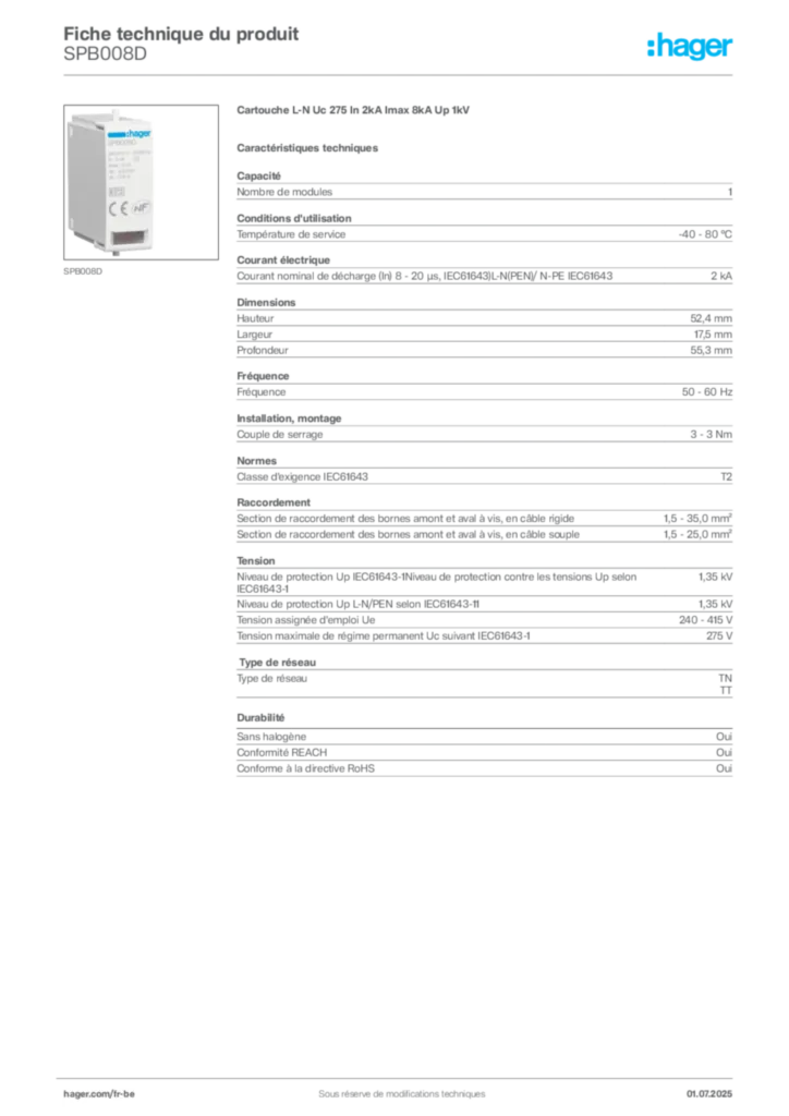 Image Hager Fiche technique du produit SPB008D | Hager Belgique