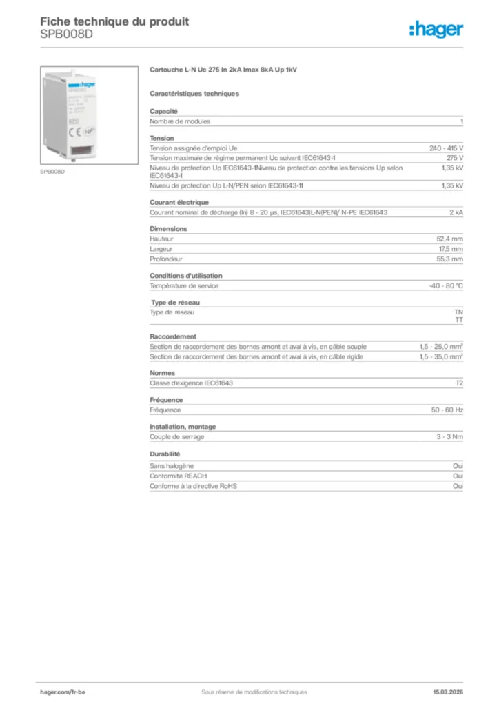 Image Hager Fiche technique du produit SPB008D | Hager Belgique