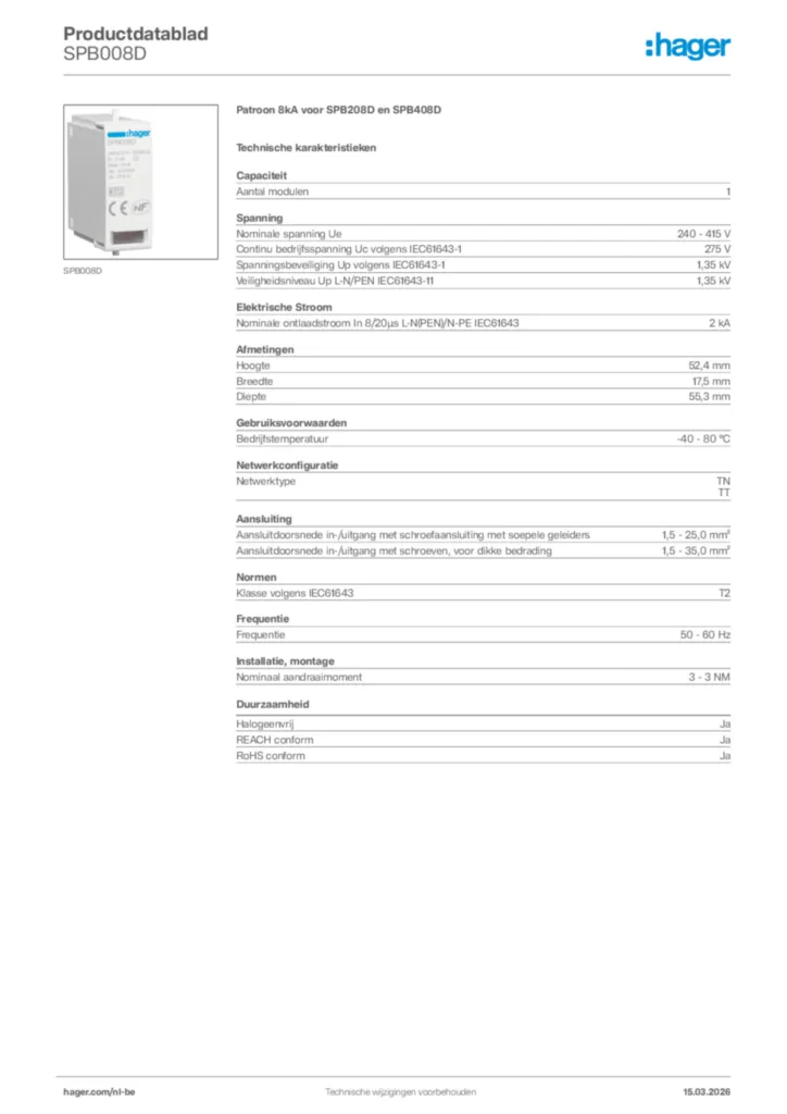 Afbeelding Hager Productdatablad SPB008D | Hager Belgium