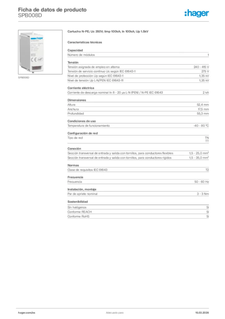 Imagen Hager Ficha de datos de producto SPB008D | Hager España