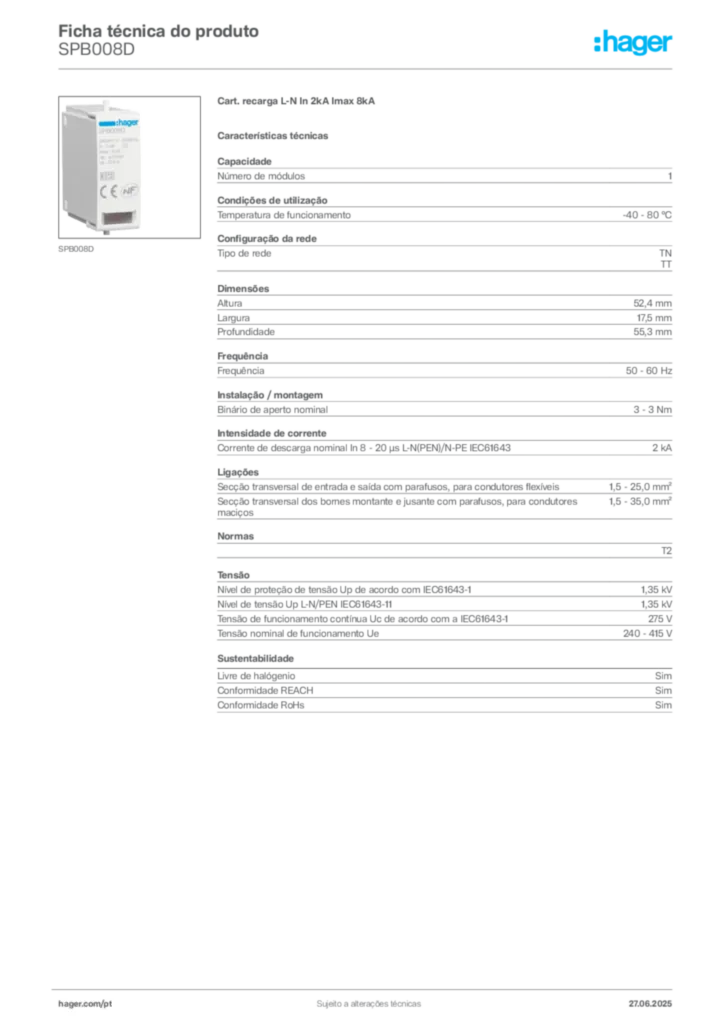 Imagem Hager Ficha técnica do produto SPB008D | Hager Portugal