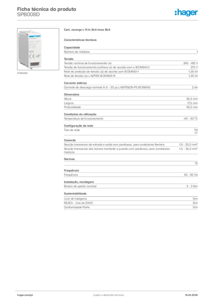 Imagem Hager Ficha técnica do produto SPB008D | Hager Portugal