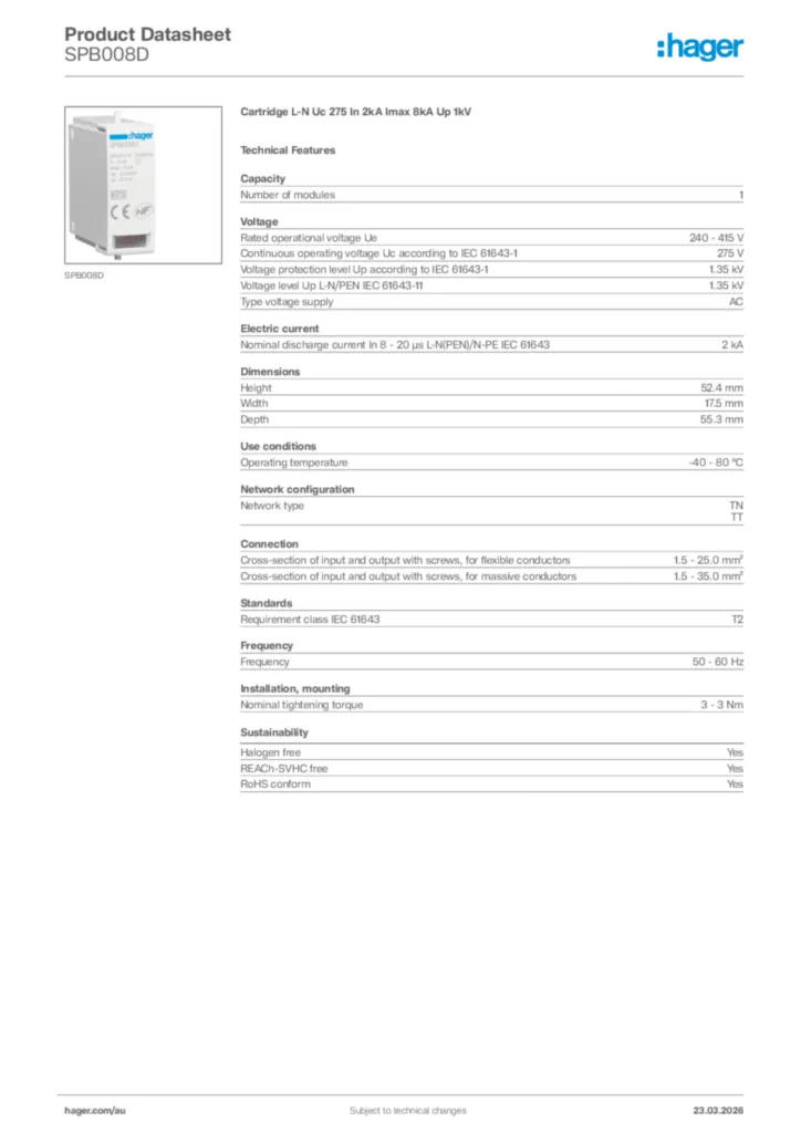 Image Hager Product data sheet SPB008D  | Hager Australia