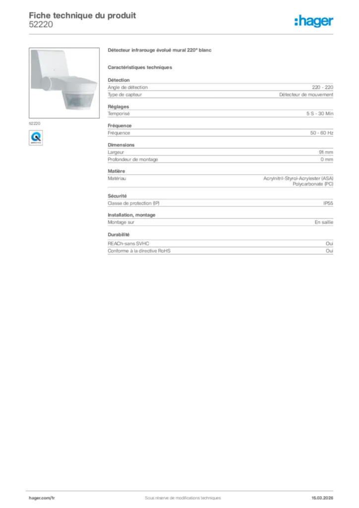 Image Hager Fiche technique du produit 52220 | Hager France