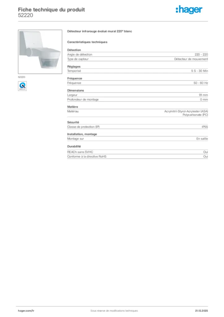 Image Hager Fiche technique du produit 52220 | Hager France