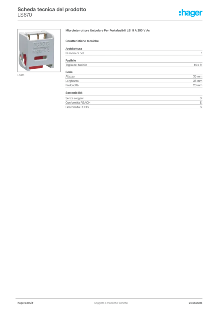Immagine Hager Scheda tecnica del prodotto LS670 | Hager Italia