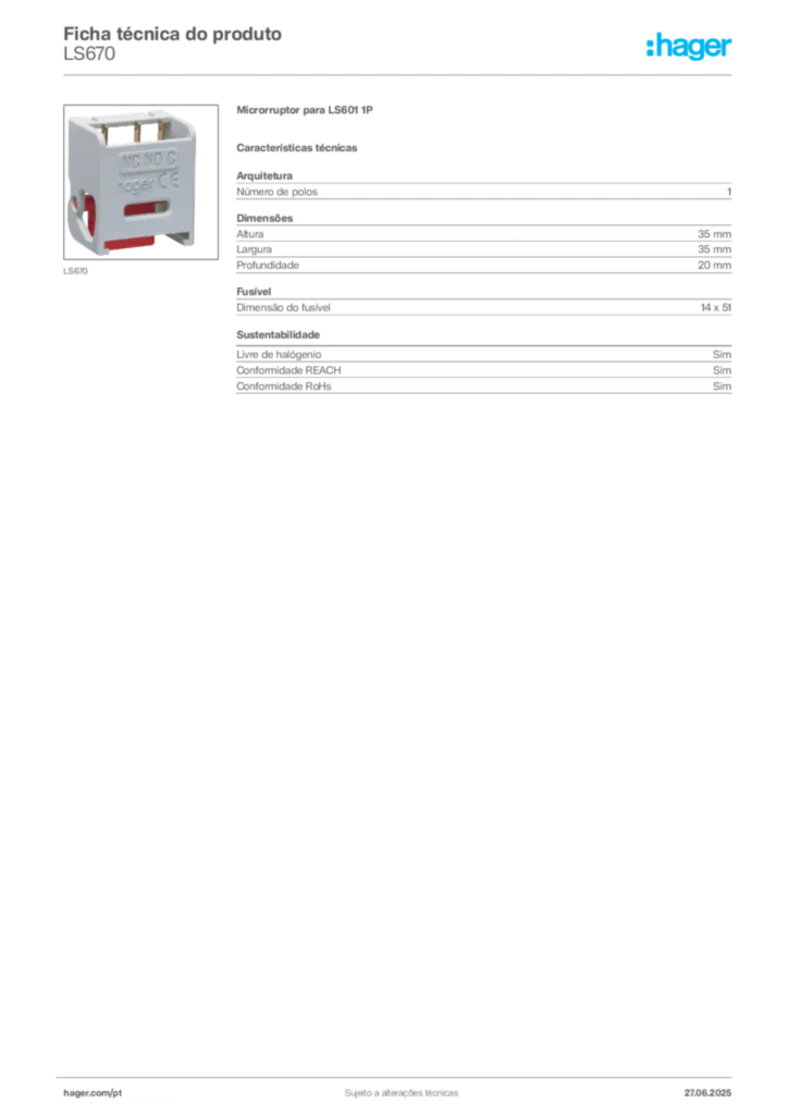 Imagem Hager Ficha técnica do produto LS670 | Hager Portugal