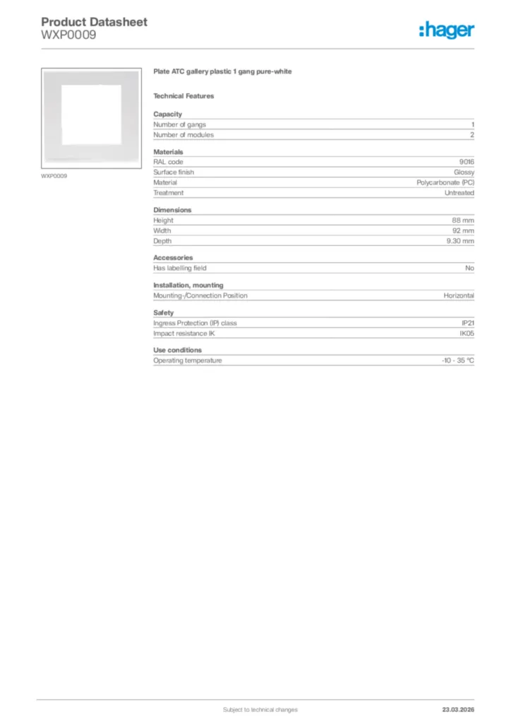 Image Hager Product data sheet WXP0009  | Hager Africa