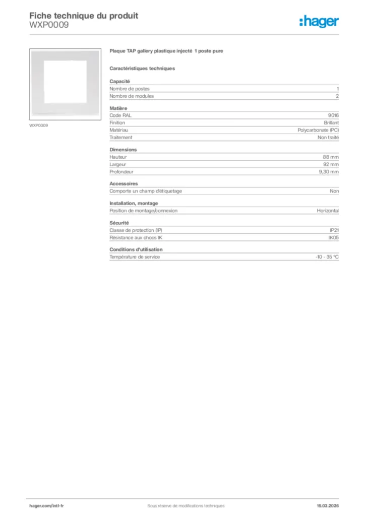 Image Hager Fiche technique du produit WXP0009 | Hager Afrique