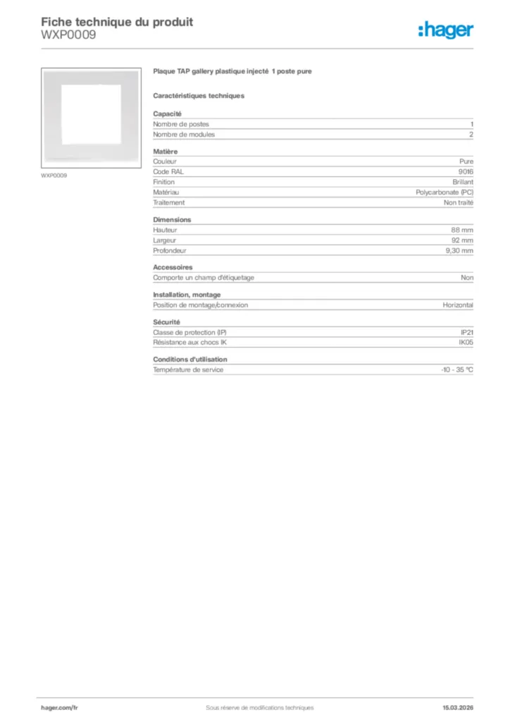 Image Hager Fiche technique du produit WXP0009 | Hager France