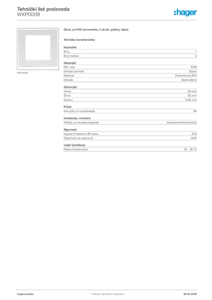 Slika Hager Tehnički list proizvoda WXP0009  | Hager