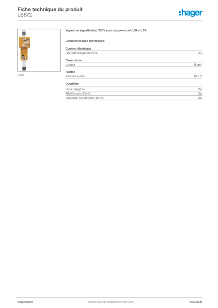 Image Hager Fiche technique du produit LS672 | Hager France