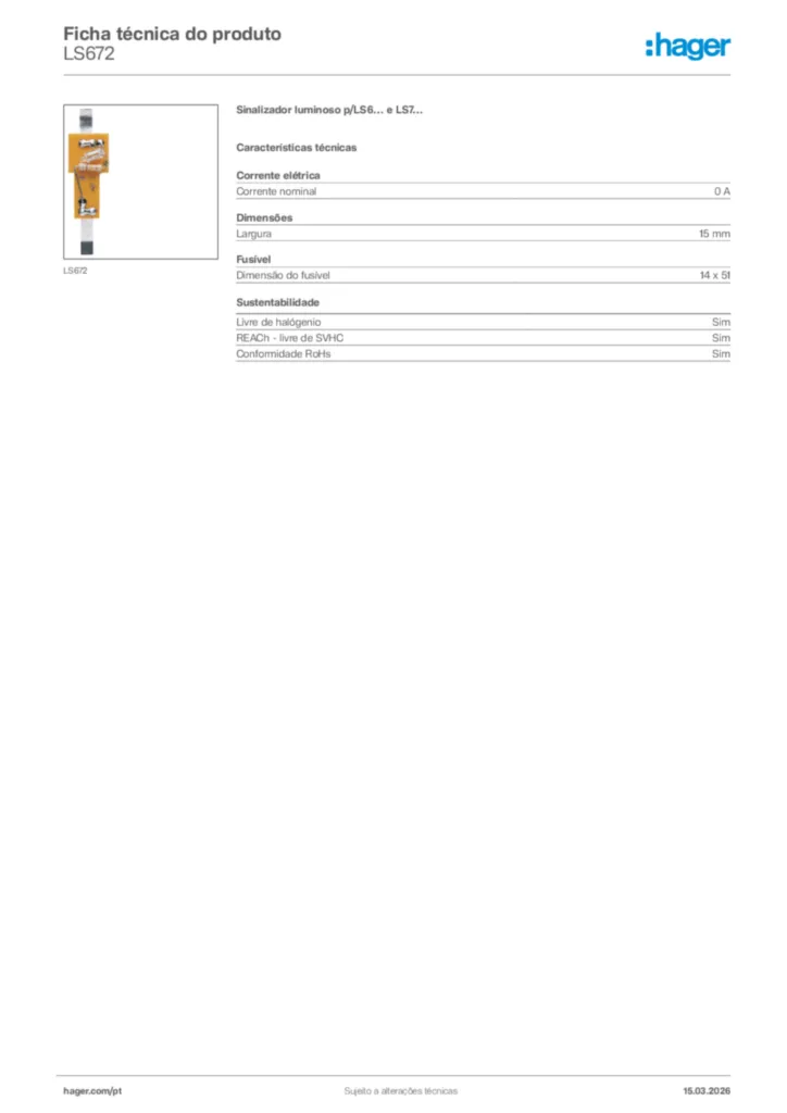 Imagem Hager Ficha técnica do produto LS672 | Hager Portugal